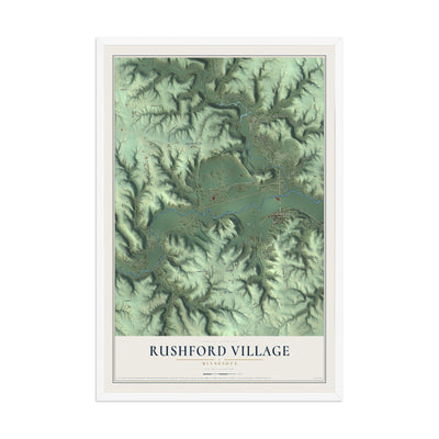 Map of Rushford Village, Minnesota, 12 x 18 inch print in a white wood frame
