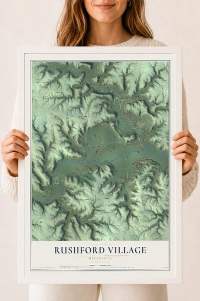 Map of Rushford Village, Minnesota, 18 x 24 inch print in a white wood frame