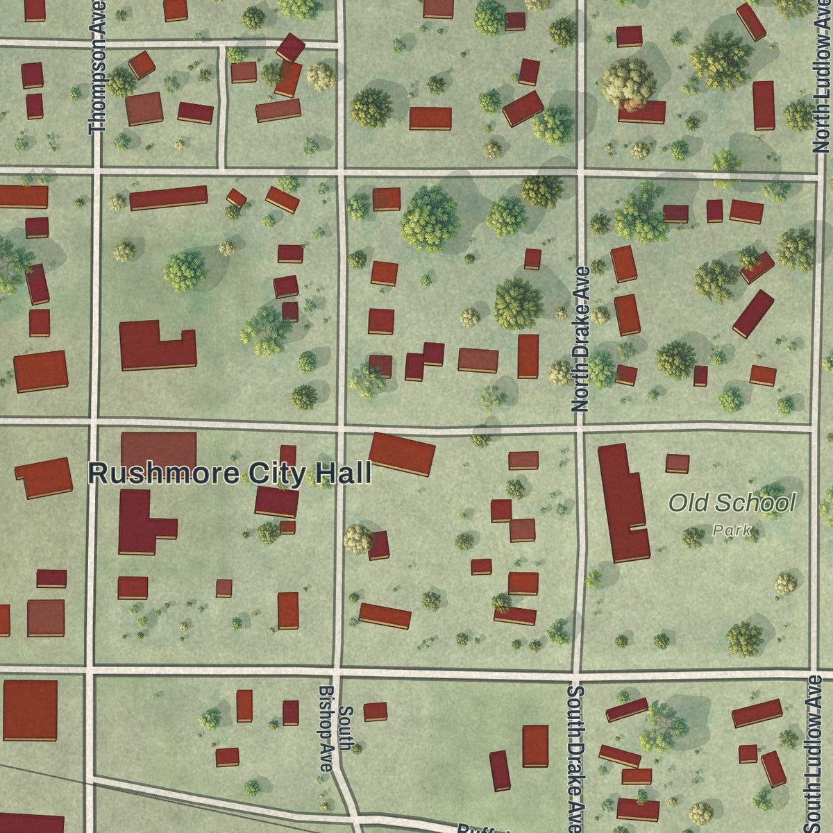 Close-up of the map of Rushmore, Minnesota print showing street and building detail