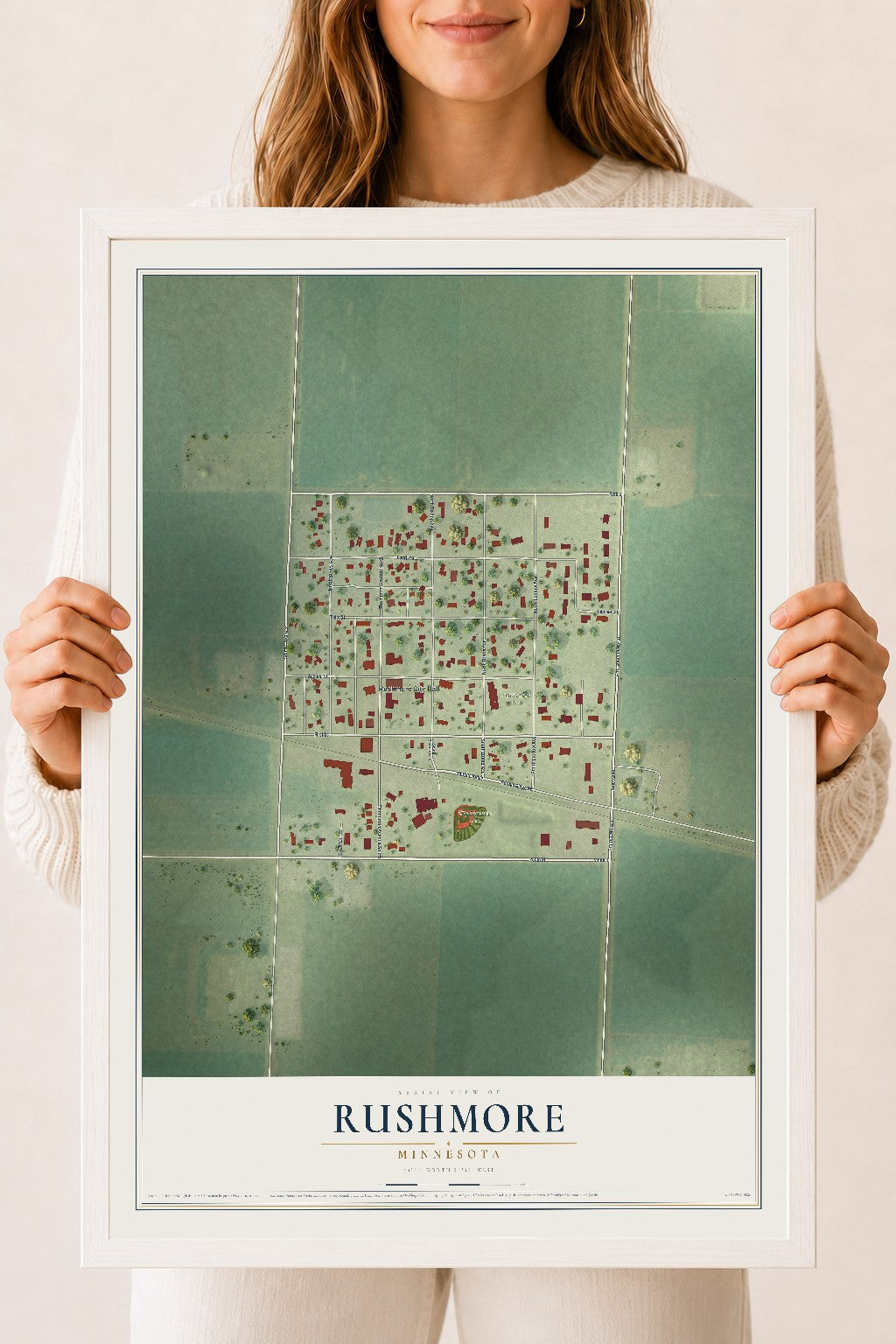 Map of Rushmore, Minnesota, 18 x 24 inch print in a white wood frame