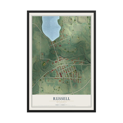 Map of Russell, Minnesota, 12 x 18 inch print in a black wood frame