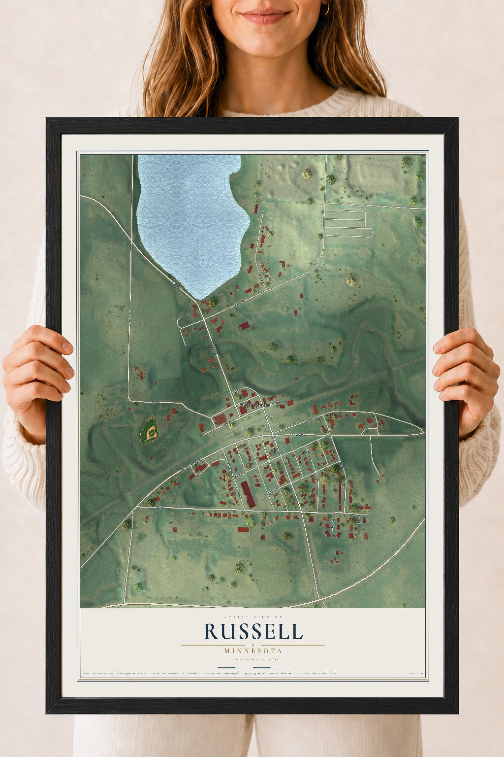Map of Russell, Minnesota, 18 x 24 inch print in a black wood frame