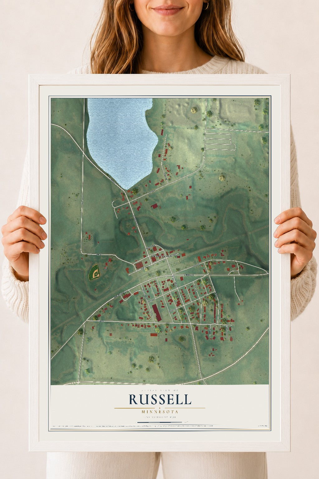 Map of Russell, Minnesota, 18 x 24 inch print in a white wood frame