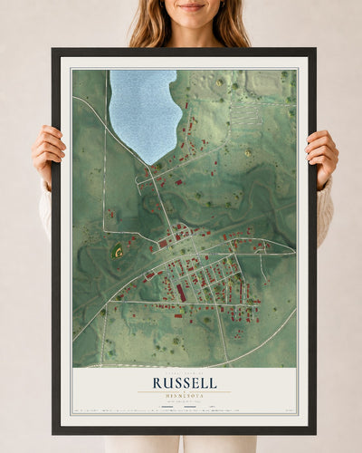 Map of Russell, Minnesota, 24 x 36 inch print in a black wood frame