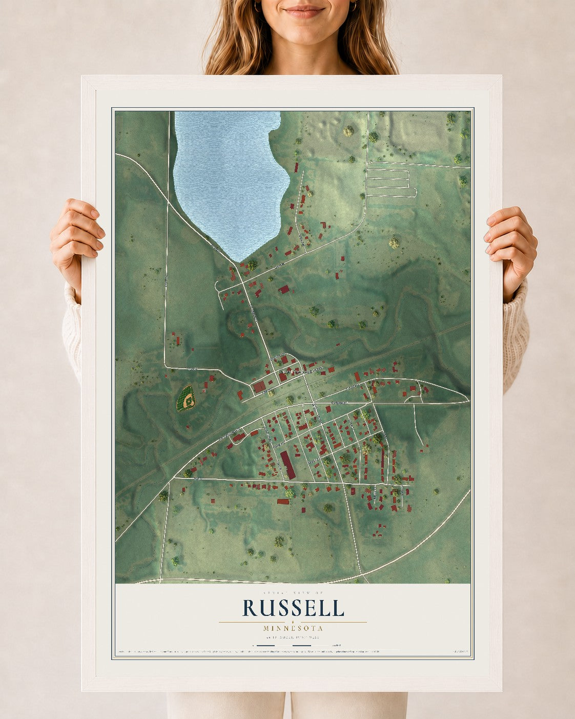 Map of Russell, Minnesota, 24 x 36 inch print in a white wood frame