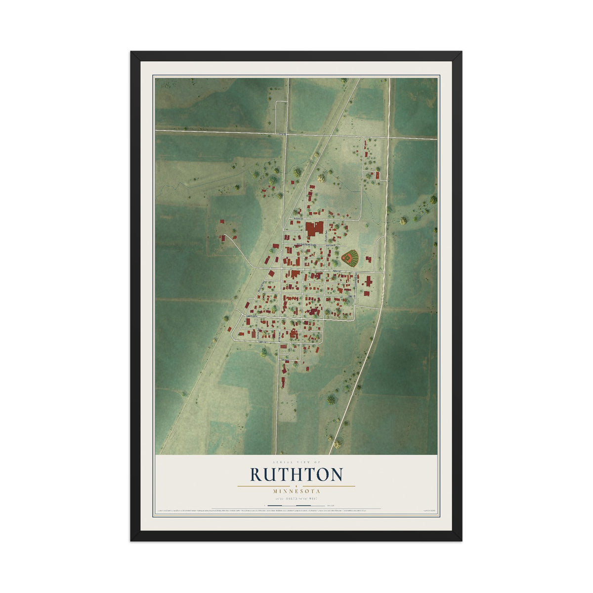 Map of Ruthton, Minnesota, 12 x 18 inch print in a black wood frame
