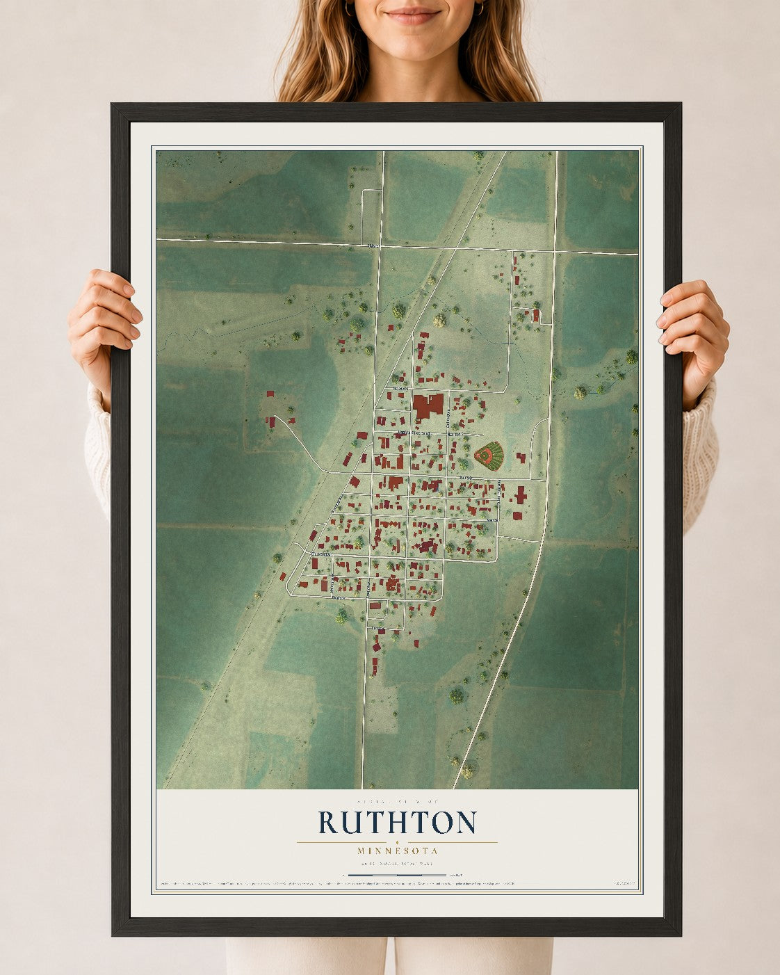 Map of Ruthton, Minnesota, 24 x 36 inch print in a black wood frame