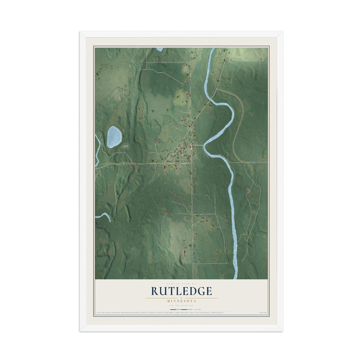 Map of Rutledge, Minnesota, 12 x 18 inch print in a white wood frame