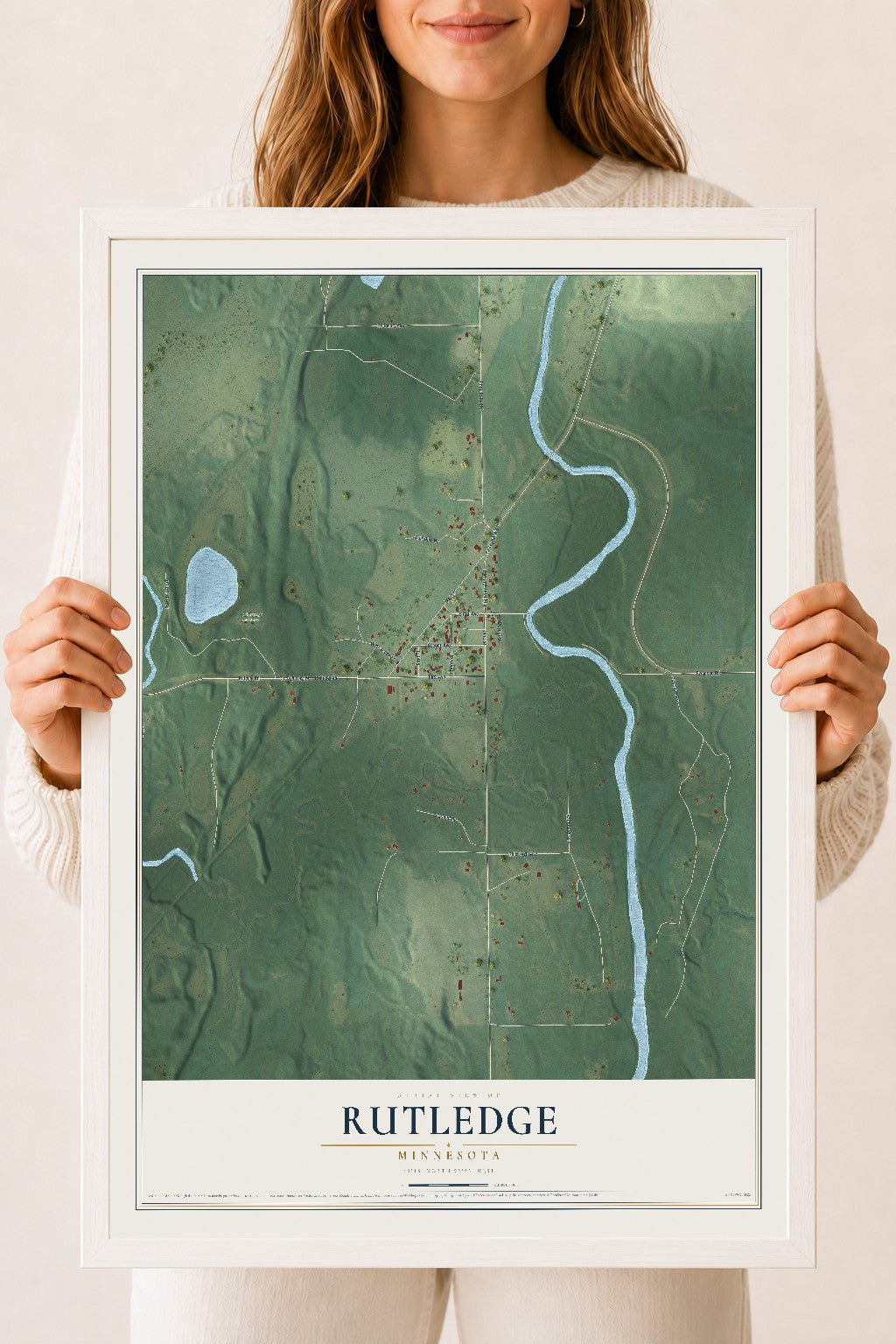 Map of Rutledge, Minnesota, 18 x 24 inch print in a white wood frame