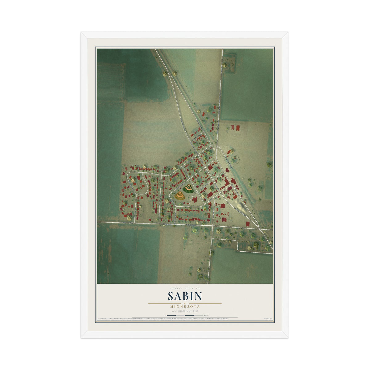 Map of Sabin, Minnesota, 12 x 18 inch print in a white wood frame