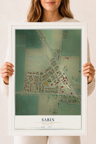 Map of Sabin, Minnesota, 18 x 24 inch print in a white wood frame