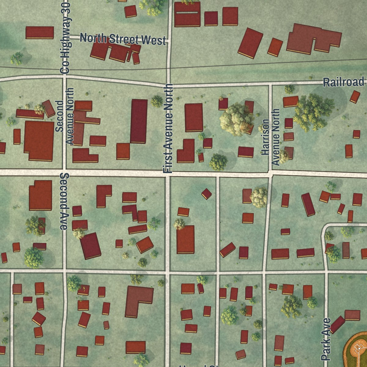 Close-up of the map of Sacred Heart, Minnesota print showing street and building detail