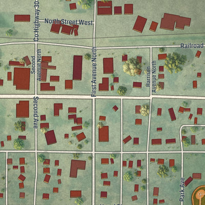 Close-up of the map of Sacred Heart, Minnesota print showing street and building detail