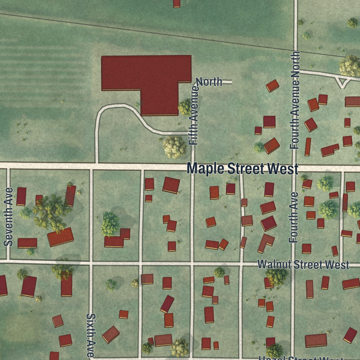Second close-up of the map of Sacred Heart, Minnesota print showing more streets and buildings
