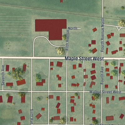 Second close-up of the map of Sacred Heart, Minnesota print showing more streets and buildings