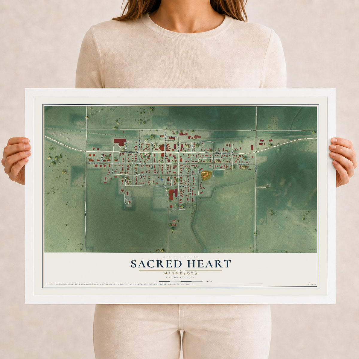 Map of Sacred Heart, Minnesota, 12 x 18 inch print in a white wood frame