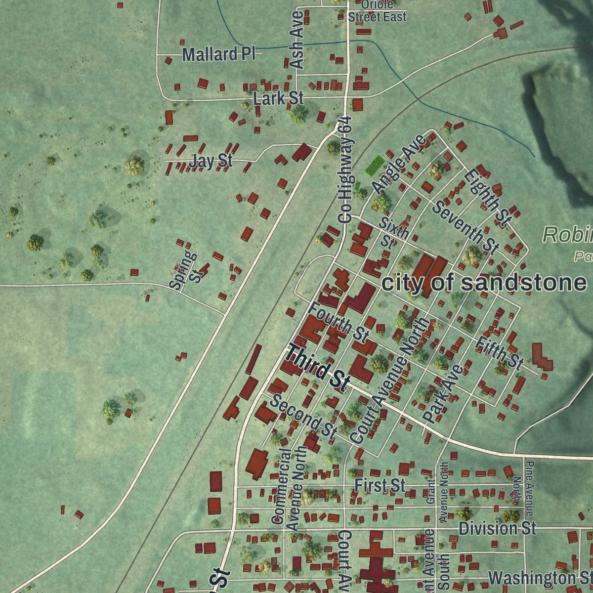 Close-up of the map of Sandstone, Minnesota print showing street and building detail