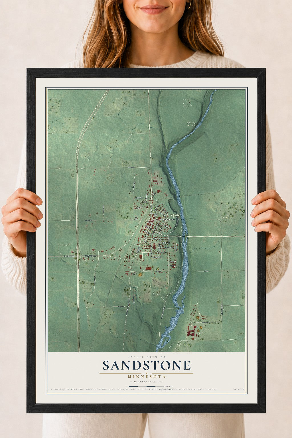 Map of Sandstone, Minnesota, 18 x 24 inch print in a black wood frame