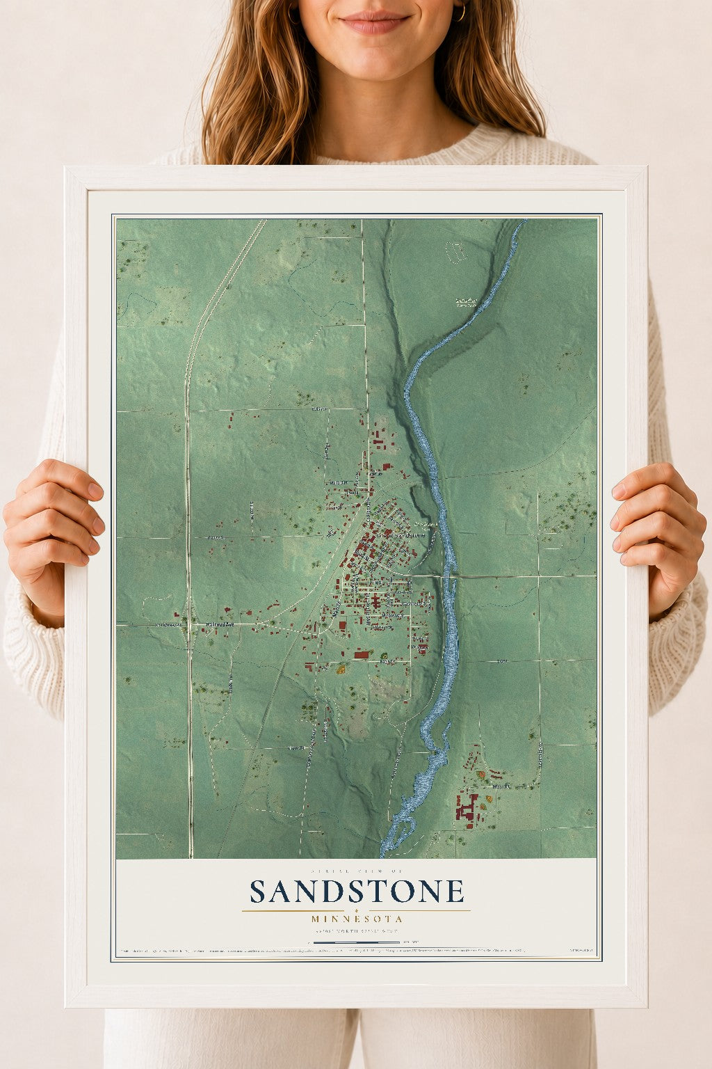 Map of Sandstone, Minnesota, 18 x 24 inch print in a white wood frame