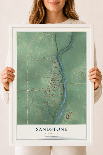 Map of Sandstone, Minnesota, 18 x 24 inch print in a white wood frame