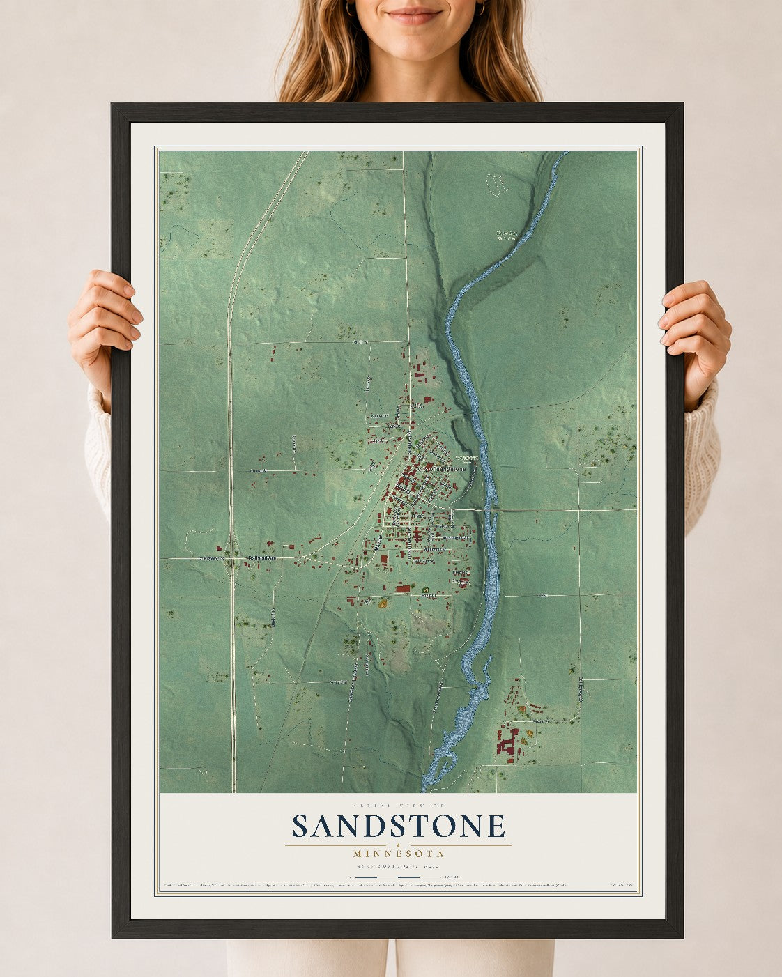 Map of Sandstone, Minnesota, 24 x 36 inch print in a black wood frame