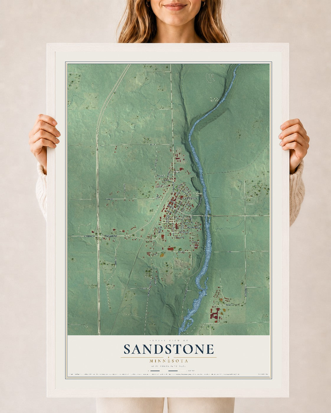 Map of Sandstone, Minnesota, 24 x 36 inch print in a white wood frame