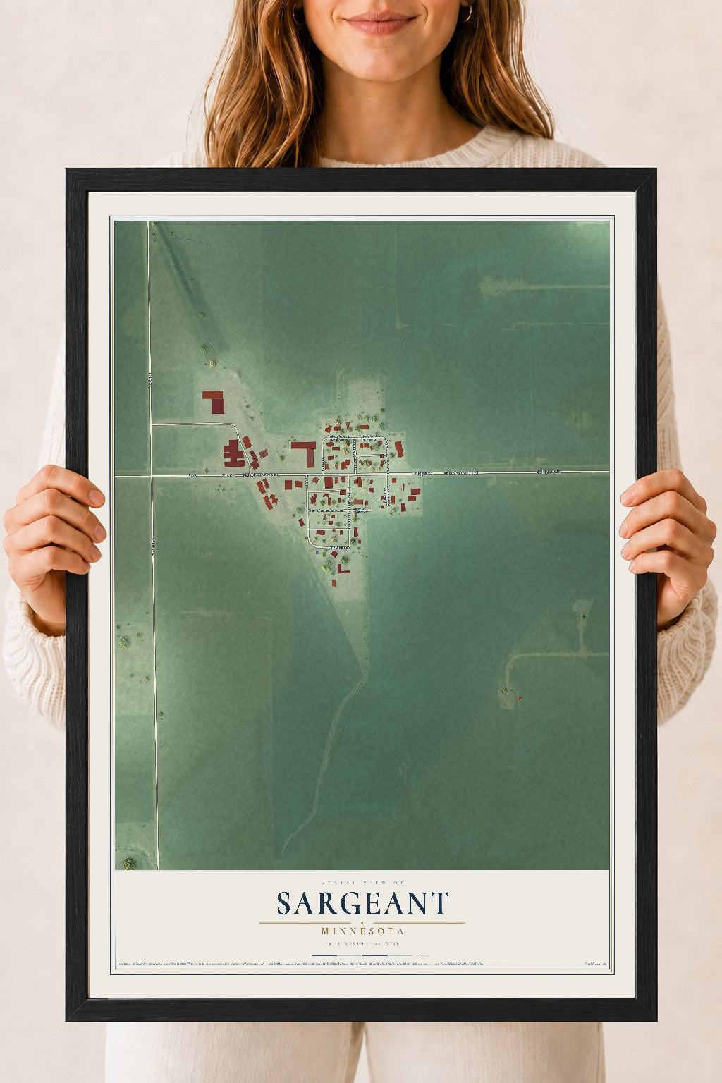 Map of Sargeant, Minnesota, 18 x 24 inch print in a black wood frame