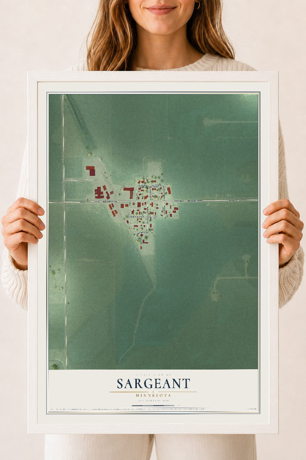 Map of Sargeant, Minnesota, 18 x 24 inch print in a white wood frame