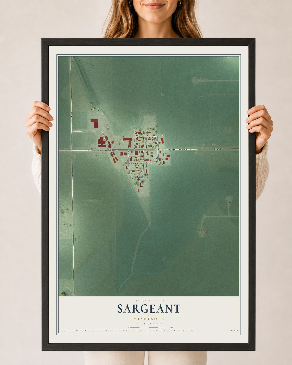 Map of Sargeant, Minnesota, 24 x 36 inch print in a black wood frame