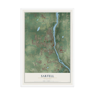 Map of Sartell, Minnesota, 12 x 18 inch print in a white wood frame