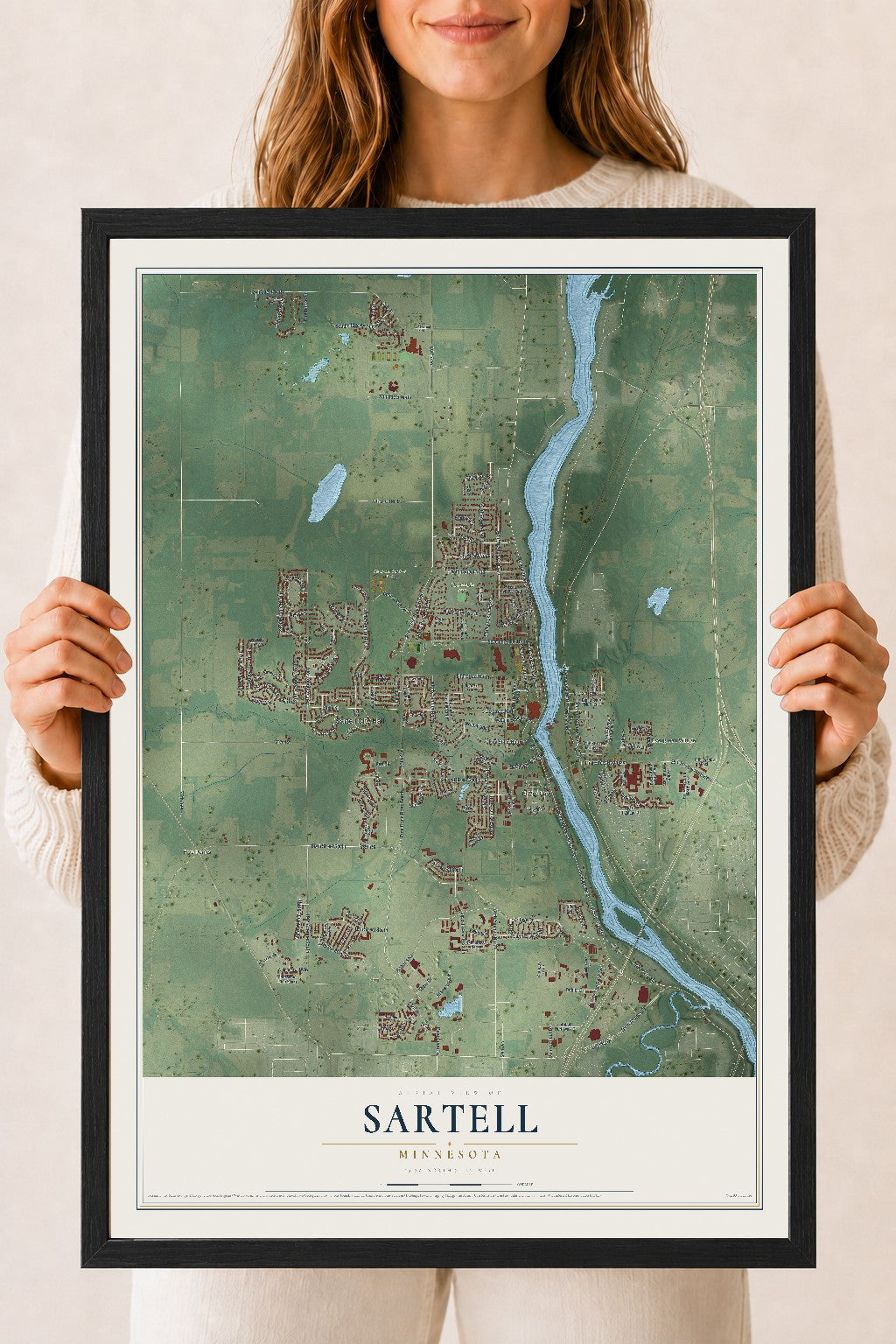 Map of Sartell, Minnesota, 18 x 24 inch print in a black wood frame