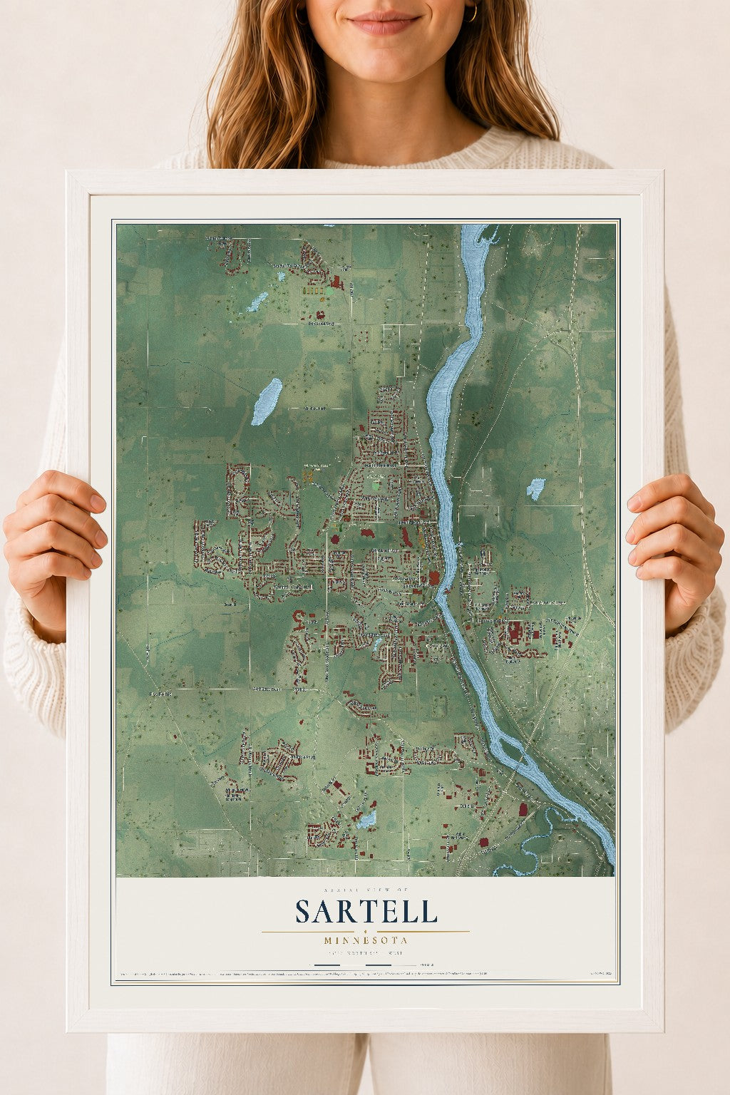 Map of Sartell, Minnesota, 18 x 24 inch print in a white wood frame