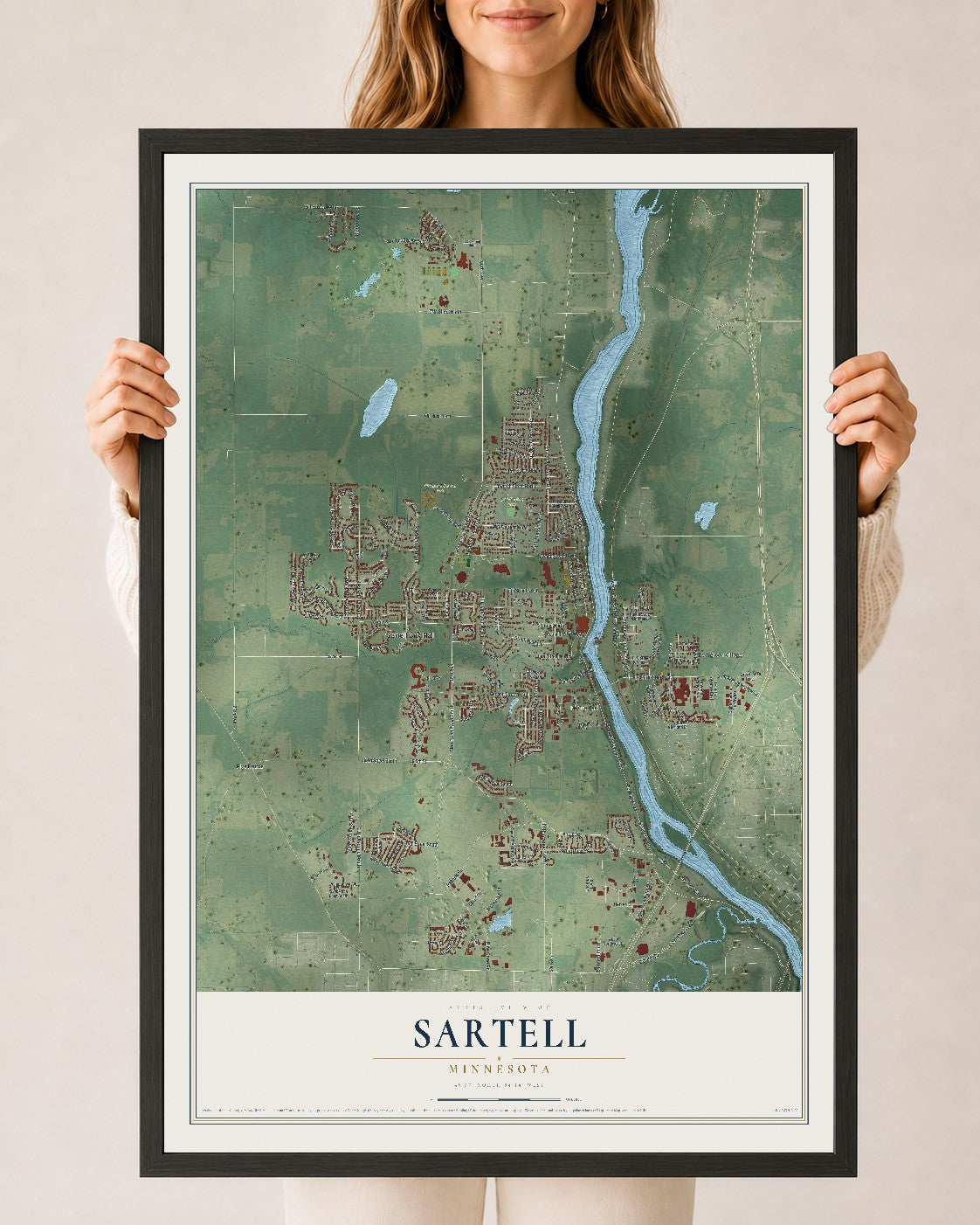 Map of Sartell, Minnesota, 24 x 36 inch print in a black wood frame