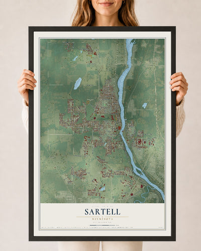 Map of Sartell, Minnesota, 24 x 36 inch print in a black wood frame