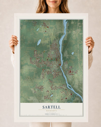 Map of Sartell, Minnesota, 24 x 36 inch print in a white wood frame