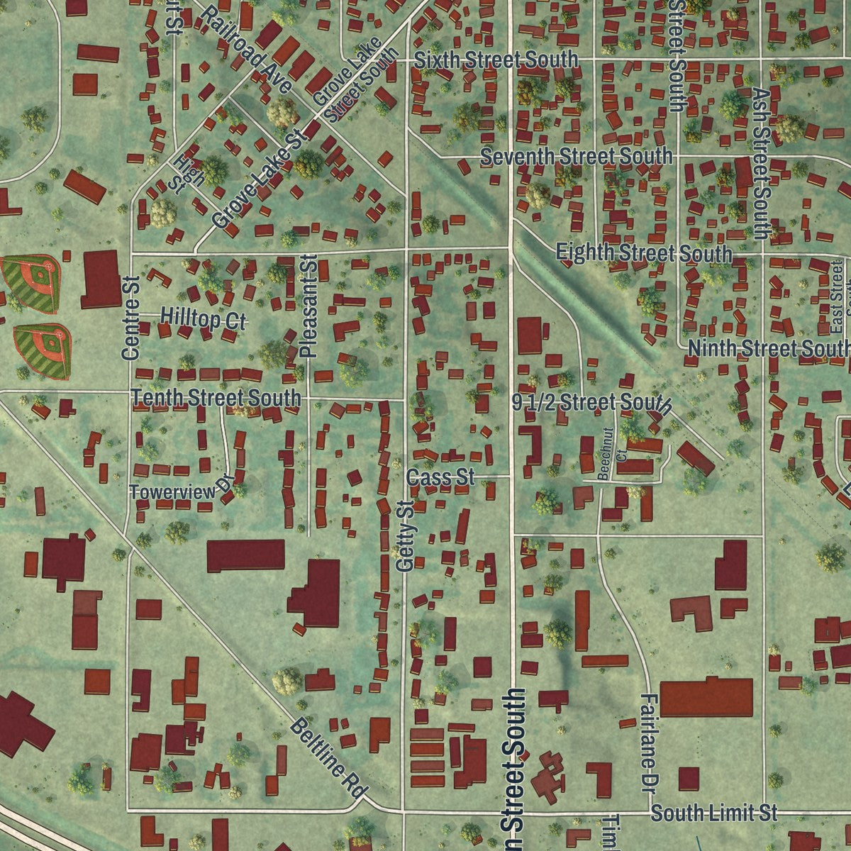 Close-up of the map of Sauk Centre, Minnesota print showing street and building detail