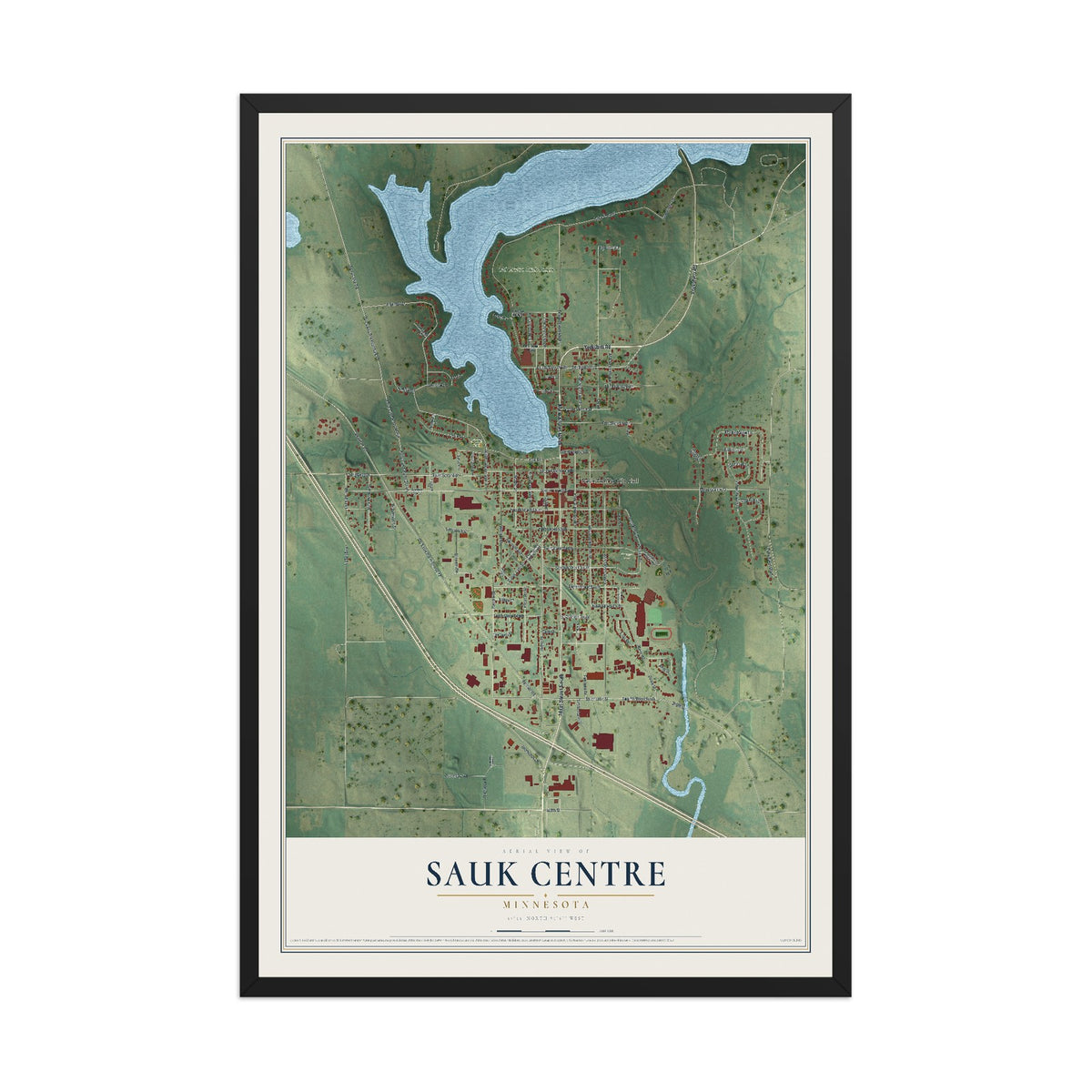 Map of Sauk Centre, Minnesota, 12 x 18 inch print in a black wood frame