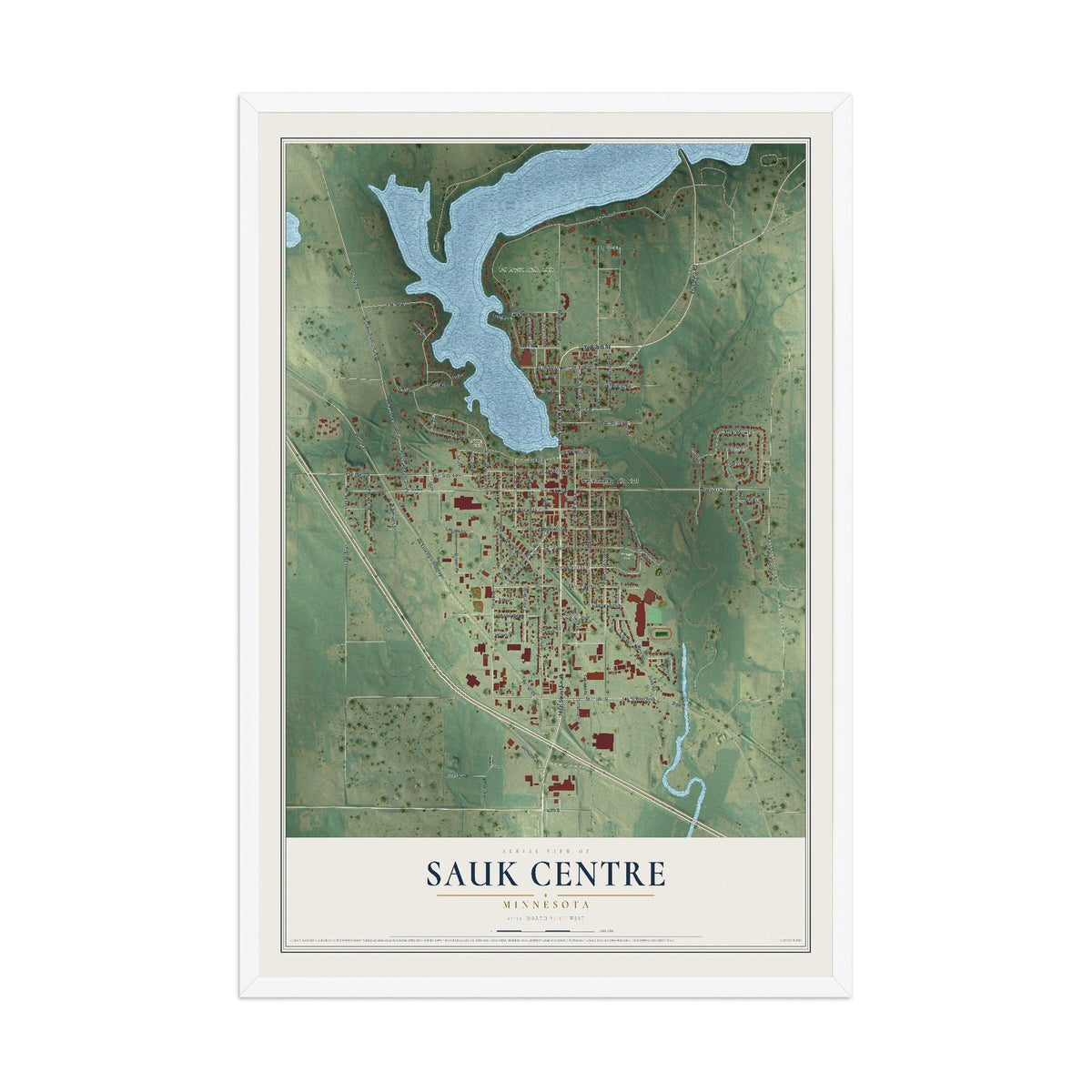 Map of Sauk Centre, Minnesota, 12 x 18 inch print in a white wood frame