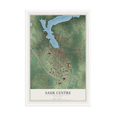 Map of Sauk Centre, Minnesota, 12 x 18 inch print in a white wood frame