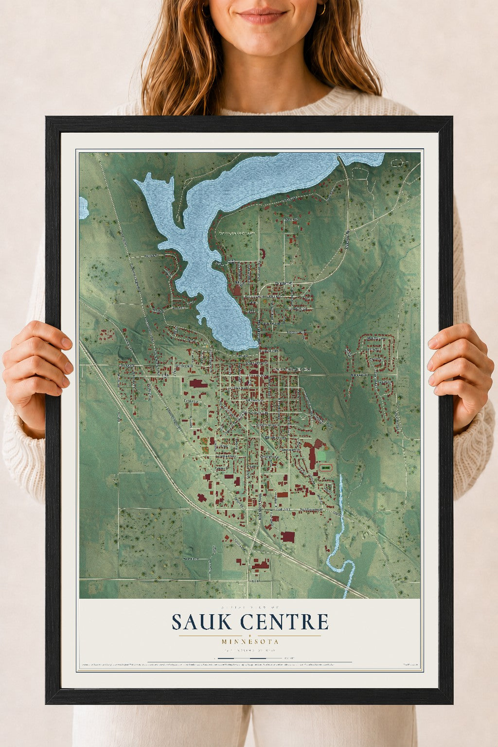 Map of Sauk Centre, Minnesota, 18 x 24 inch print in a black wood frame