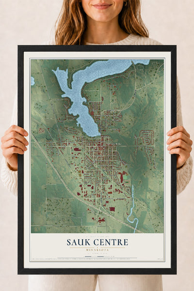 Map of Sauk Centre, Minnesota, 18 x 24 inch print in a black wood frame