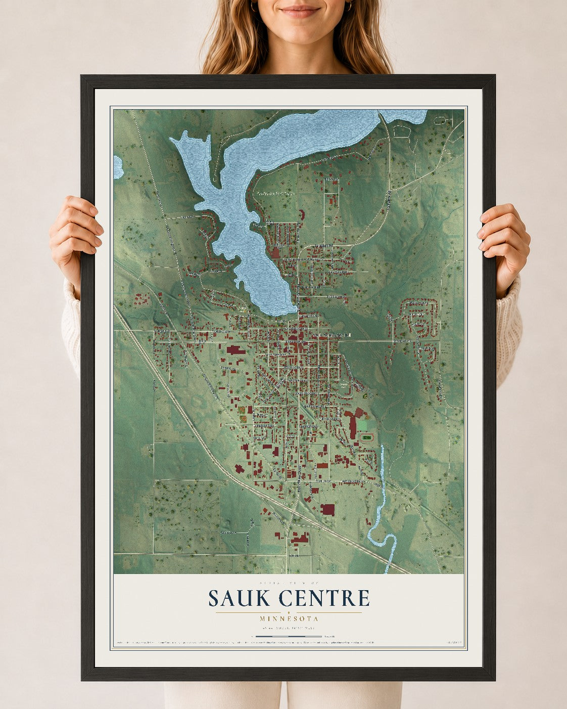 Map of Sauk Centre, Minnesota, 24 x 36 inch print in a black wood frame