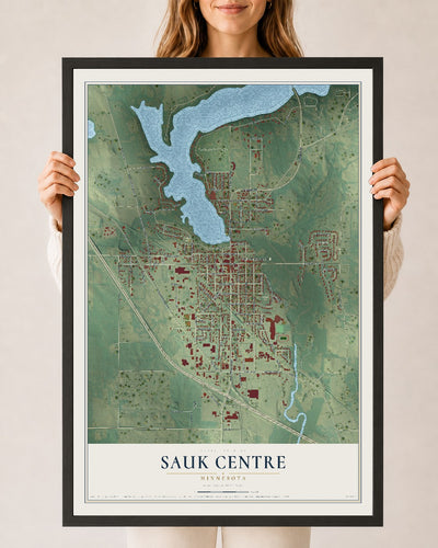 Map of Sauk Centre, Minnesota, 24 x 36 inch print in a black wood frame