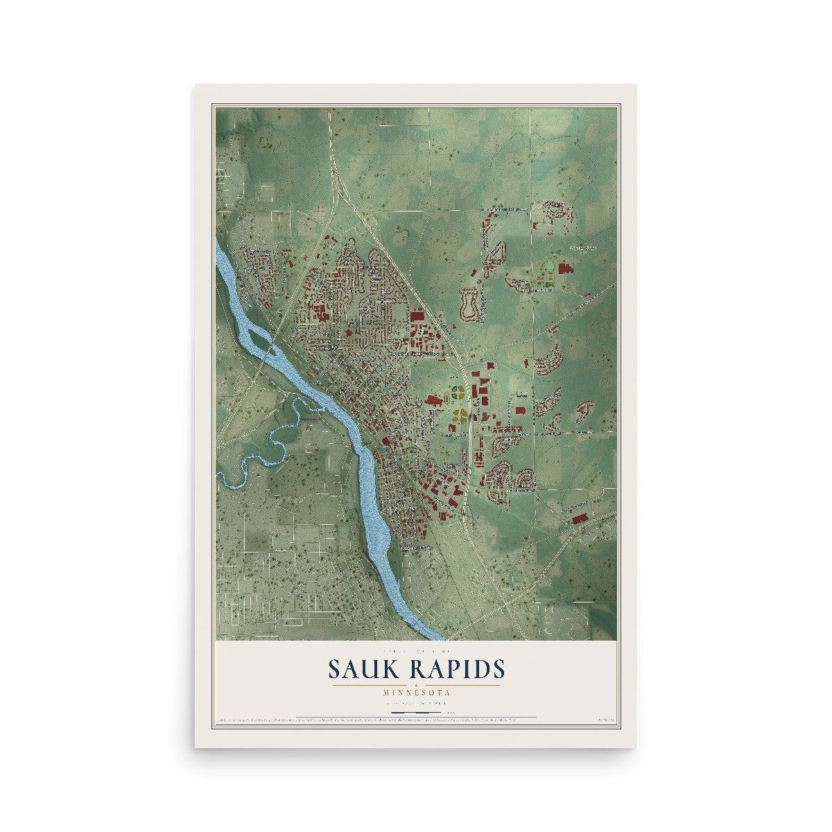 Map of Sauk Rapids, Minnesota, 12 x 18 inch unframed archival matte print