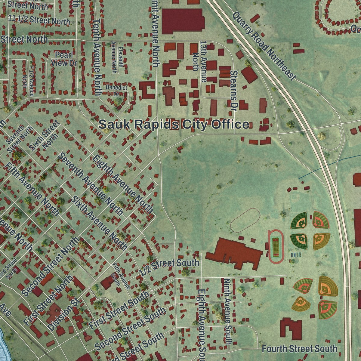 Close-up of the map of Sauk Rapids, Minnesota print showing street and building detail