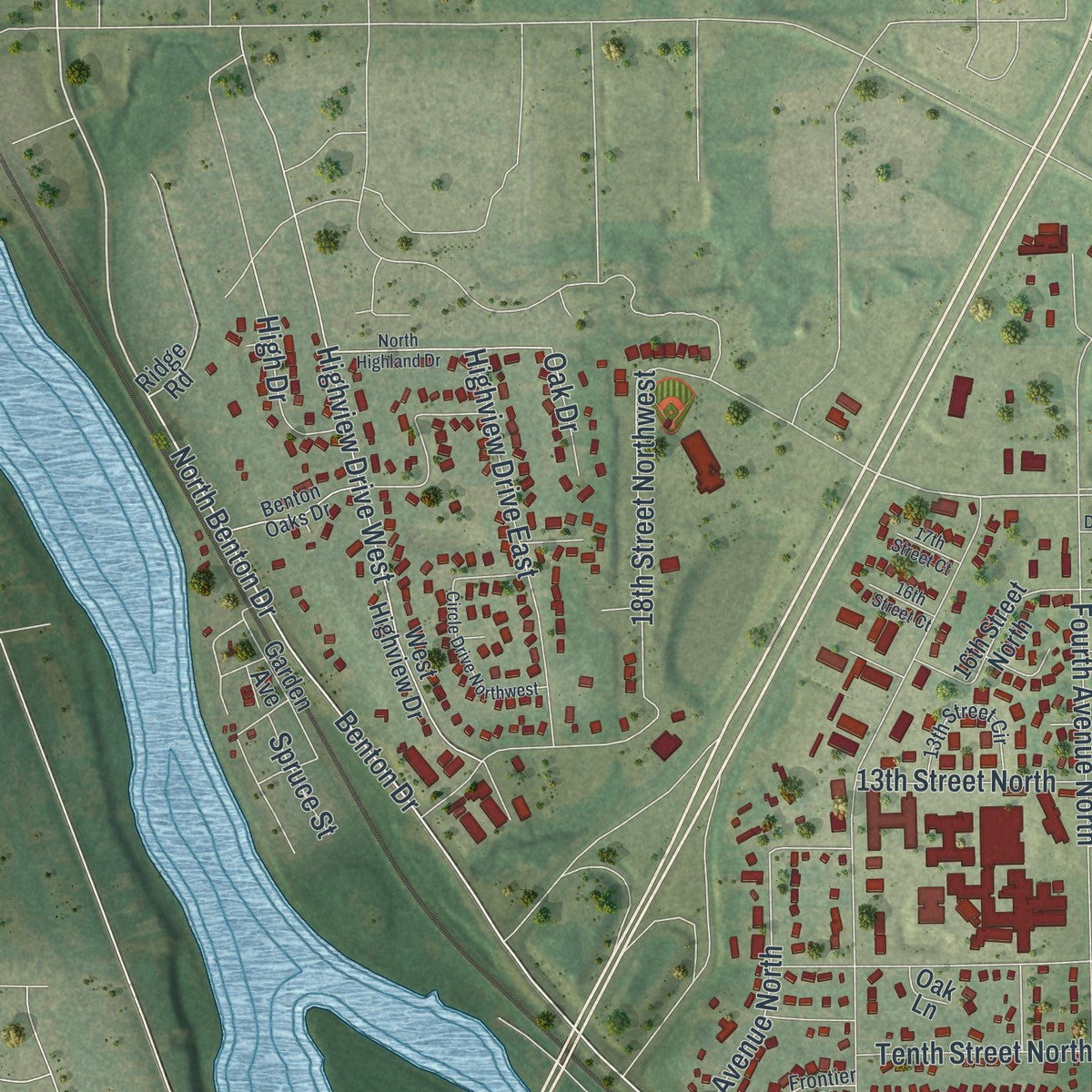 Second close-up of the map of Sauk Rapids, Minnesota print showing more streets and buildings