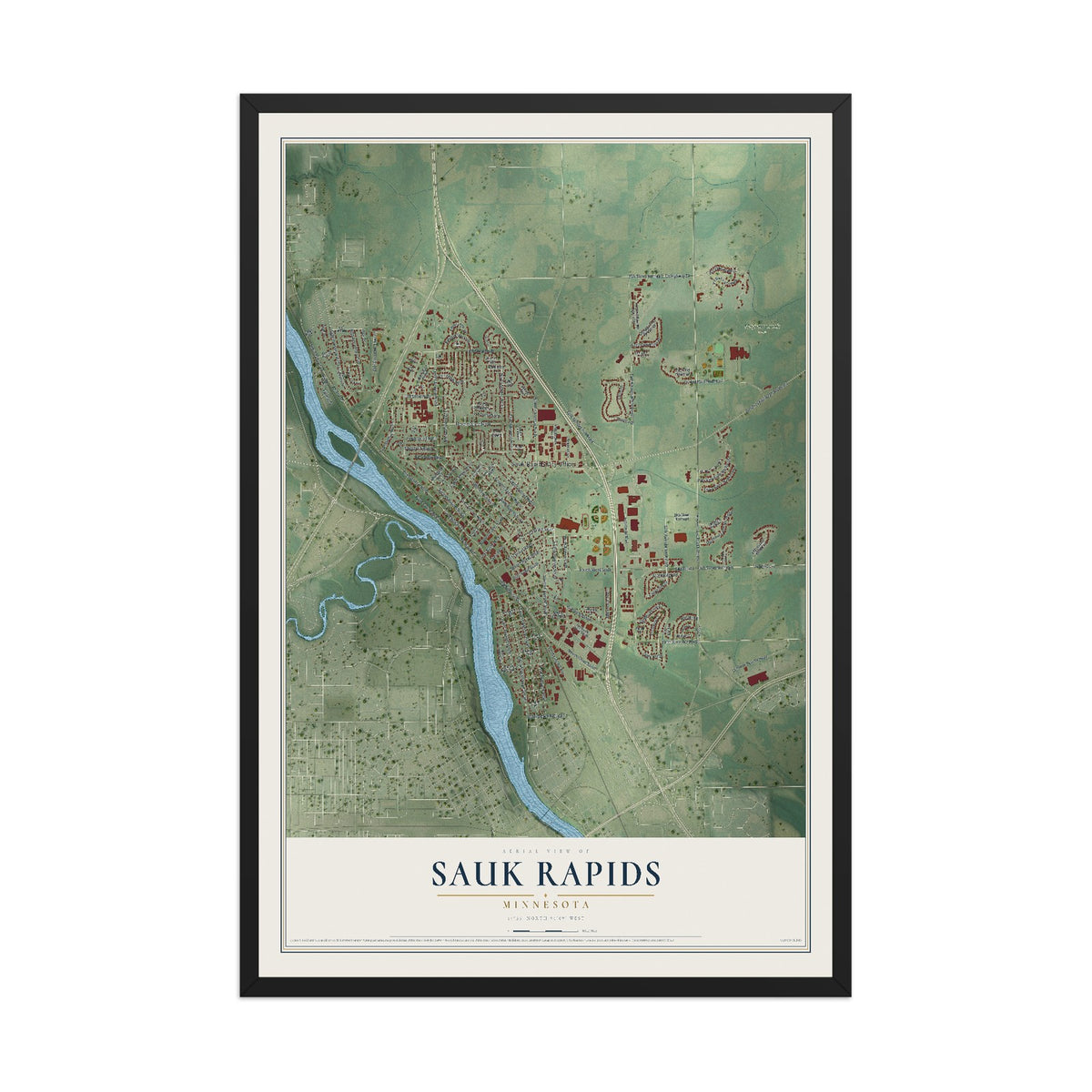 Map of Sauk Rapids, Minnesota, 12 x 18 inch print in a black wood frame