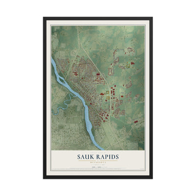 Map of Sauk Rapids, Minnesota, 12 x 18 inch print in a black wood frame