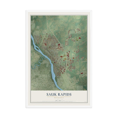 Map of Sauk Rapids, Minnesota, 12 x 18 inch print in a white wood frame
