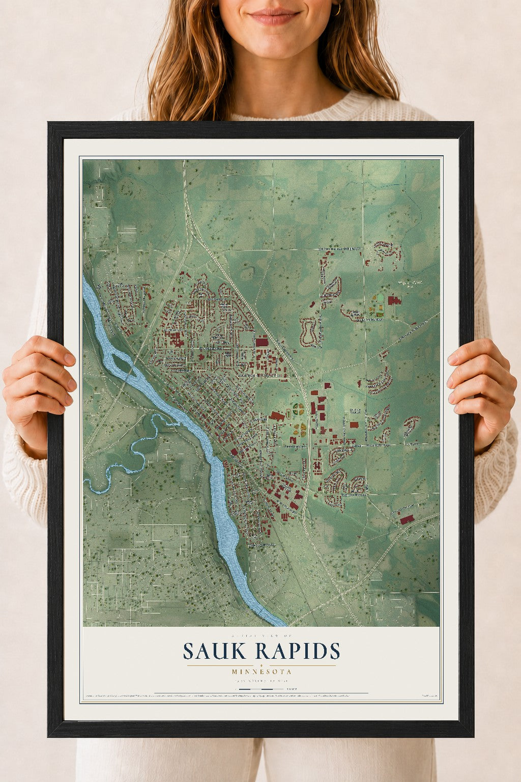 Map of Sauk Rapids, Minnesota, 18 x 24 inch print in a black wood frame